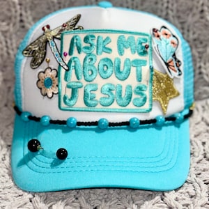 TRUCKER HAT Iron On Patches Boujee Hat Chain Flower Gold Star Dragonfly Butterfly Turquoise