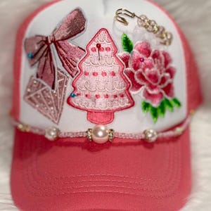 Hot Pink TRUCKER HAT Christmas Tree Iron On Patches/Patch Boujee Pink Glitter Diamond Bow Rose PearlHat Chain Glass Bead Pin
