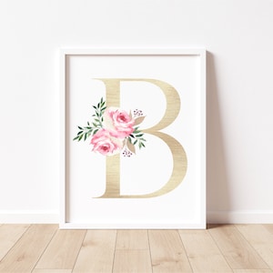 Letra de oro floral B, flores de acuarela, estampado floral de monograma, dormitorio de niñas o decoración de pared de guardería, descarga digital