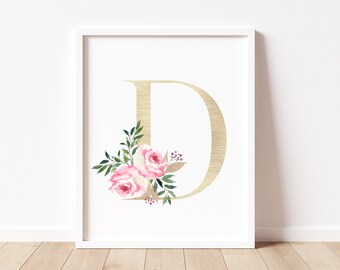 Floral Gold Letter D, Watercolor Flowers, Monogram Floral Print, Girls Bedroom or Nursery Wall Decor, Digital Download