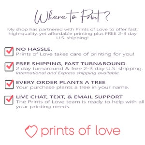 May include: A checklist with four green checkmarks next to the following benefits of using Prints of Love: No Hassle, Free Shipping, Fast Turnaround, Every Order Plants a Tree, and Live Chat, Text, & Email Support. The text "Where to Print?" is at the top of the image. The text "Prints of Love" is at the bottom of the image in a pink heart.