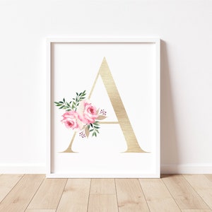 Floral Gold Letter A, Watercolor Flowers, Monogram Floral Print, Girls Bedroom or Nursery Wall Decor, Digital Download