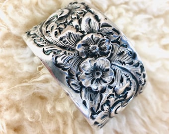 Sterling Silver Cuff Bracelet Bangle, Repoussé Floral Narrow Cuff, Victorian Sterling Silver Handmade Repurposed Cuff