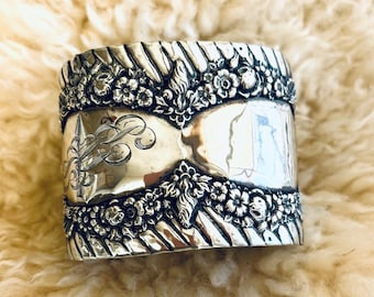 Sterling Silver Cuff Bracelet Crowns Flower Blossom Repoussé, Antique Silver Victorian Chic Bracelet
