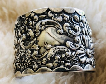 Sterling Silver Repoussè Flowers Victorian Cuff Bracelet, Repurposed Antique Silver