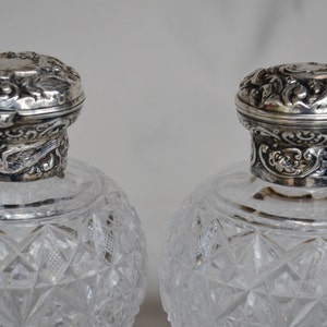 Pair Large Cologne Bottles Sterling Silver and Brilliant Cut Glass William Comyns 1898