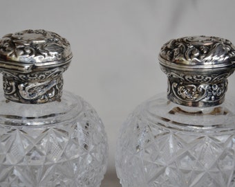 Pair Large Cologne Bottles Sterling Silver and Brilliant Cut Glass William Comyns 1898
