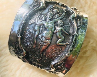 Cherub Goddess Sterling Silver Cuff Bracelet, Art Nouveau, Antique Victorian Angel, Putti, Cupid Wide Cuff, Spoon Jewelry Style