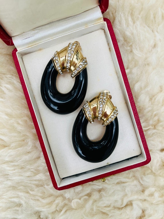 Ciner Earrings Black Enamel, Crystals, Gold Clip O