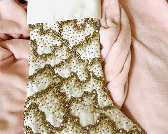 Vintage Inspired NEW Stocking, Neiman Marcus, White Beaded Pearl Rhinestone Stocking