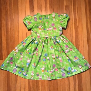 SALE Easter Dress Bunnies with Easter Eggs & Baskets Glittery Green Girls Size 2T, 3T Ready to Ship image 3