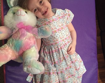 SALE  Easter Dress Bunnies with Flowers and Easter Eggs Girls Size 3T  Ready to Ship