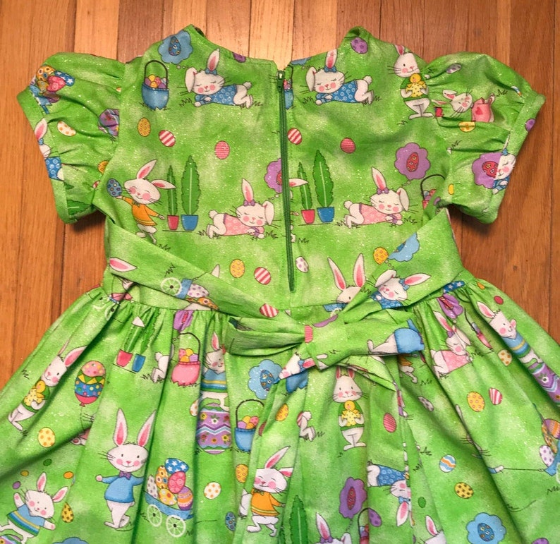 SALE Easter Dress Bunnies with Easter Eggs & Baskets Glittery Green Girls Size 2T, 3T Ready to Ship image 5