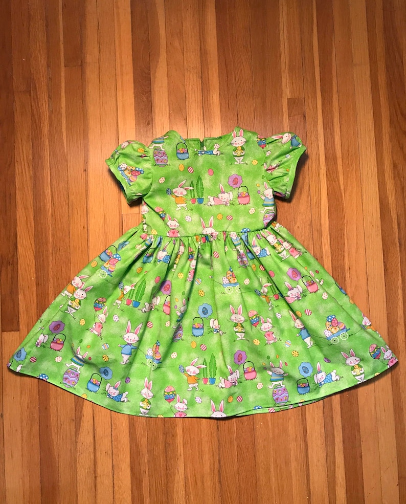 SALE Easter Dress Bunnies with Easter Eggs & Baskets Glittery Green Girls Size 2T, 3T Ready to Ship image 3