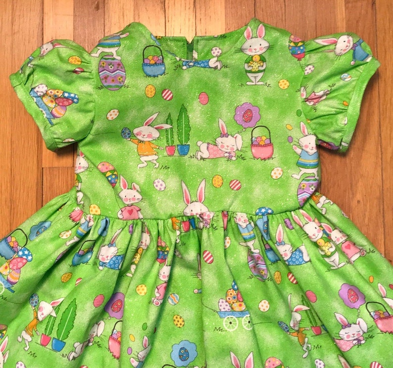 SALE Easter Dress Bunnies with Easter Eggs & Baskets Glittery Green Girls Size 2T, 3T Ready to Ship image 4