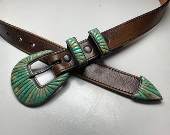 Vintage 925 sterling silver turquoise leather navajo southwestern belt