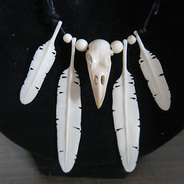 Raven Skull Necklace - Bone Feather - Bone Beads - Bone Necklace Handmade Jewelry