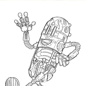 May include: A black and white line drawing of a robot with a large head and a small body. The robot has a friendly face and is waving with one arm. The robot has a lot of detail in its design, including gears, wires, and pipes.