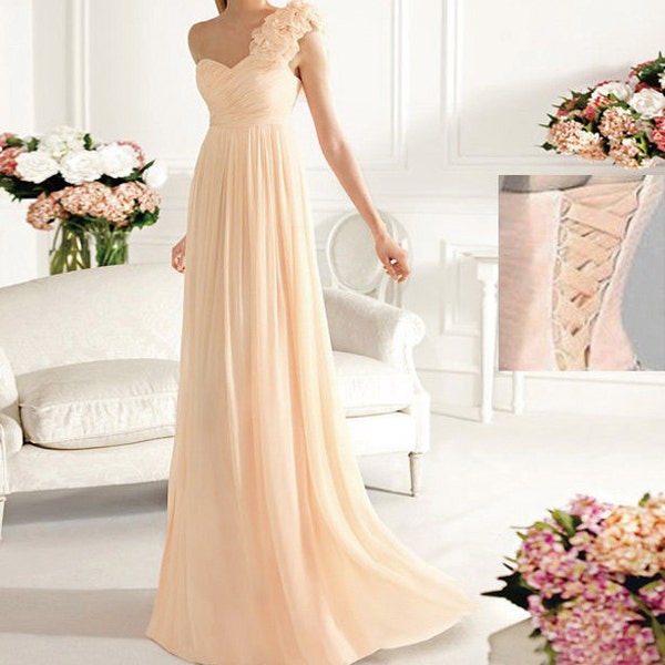 one shoulder bridesmaid dress, champagne bridesmaid dress, long prom dress, bridesmaid dress online, wedding bridesmaid dress, RE036