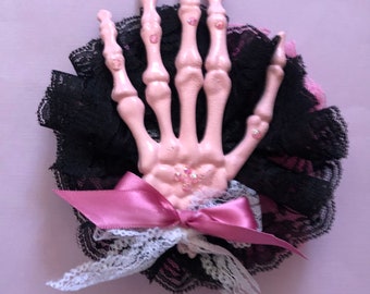 Pink skeleton hand lace rosette hair clip