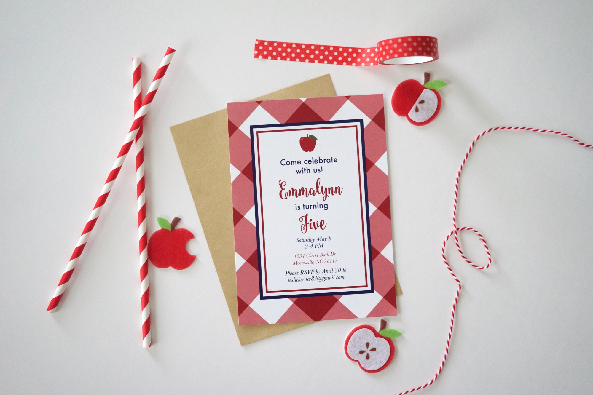 Red Gingham Apple Invitation Printable Apple Party Etsy