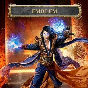 May include: A fantasy card game emblem featuring a woman in a blue and gold robe casting a spell with blue energy. The text on the card reads "EMBLEM" and "Your opponents can't cast noncreature spells."