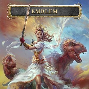 May include: A fantasy-style emblem card with a woman riding a dinosaur. The card has the word "EMBLEM" at the top and the text "Whenever a creature enters the battlefield under your control, you may draw a card." at the bottom.