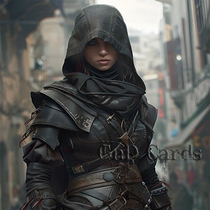 Può includere: Immagine di arte digitale di un personaggio in armatura di pelle nera, incappucciato e armato. L'immagine è una carta collezionabile con il testo "Token Creature - Assassin" e "1/1". La carta ha anche la parola "Menace".