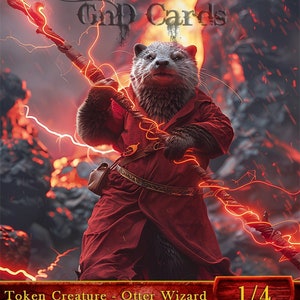 May include: A fantasy trading card featuring a cartoon otter wizard holding a staff with lightning bolts. The card is red and black with the text "Stormbreaker" and "GnD Cards". The card text reads "Token Creature - Otter Wizard, Haste, Whenever you cast an instant or sorcery spell, create a token copy of Stormbreaker. Exile those copies at the beginning of the next end step."