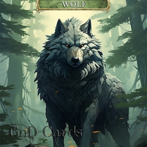 May include: A gray wolf with yellow eyes stands in a forest. The card reads "Creature - Wolf" and "2/2".