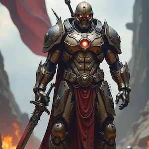 May include: A detailed illustration of a robot warrior in golden and silver armor, holding a sword. The robot has a red glowing core and eyes, with a red cape. The card reads "Artifact Creature - Robot" and "2/2".