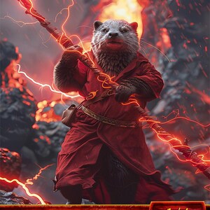 May include: A game card featuring an otter wizard named Stormsplitter. The otter wears a red robe and holds a staff surrounded by red lightning. The card text includes Token Creature - Otter Wizard, 1/4, and Haste, set against a fiery background.