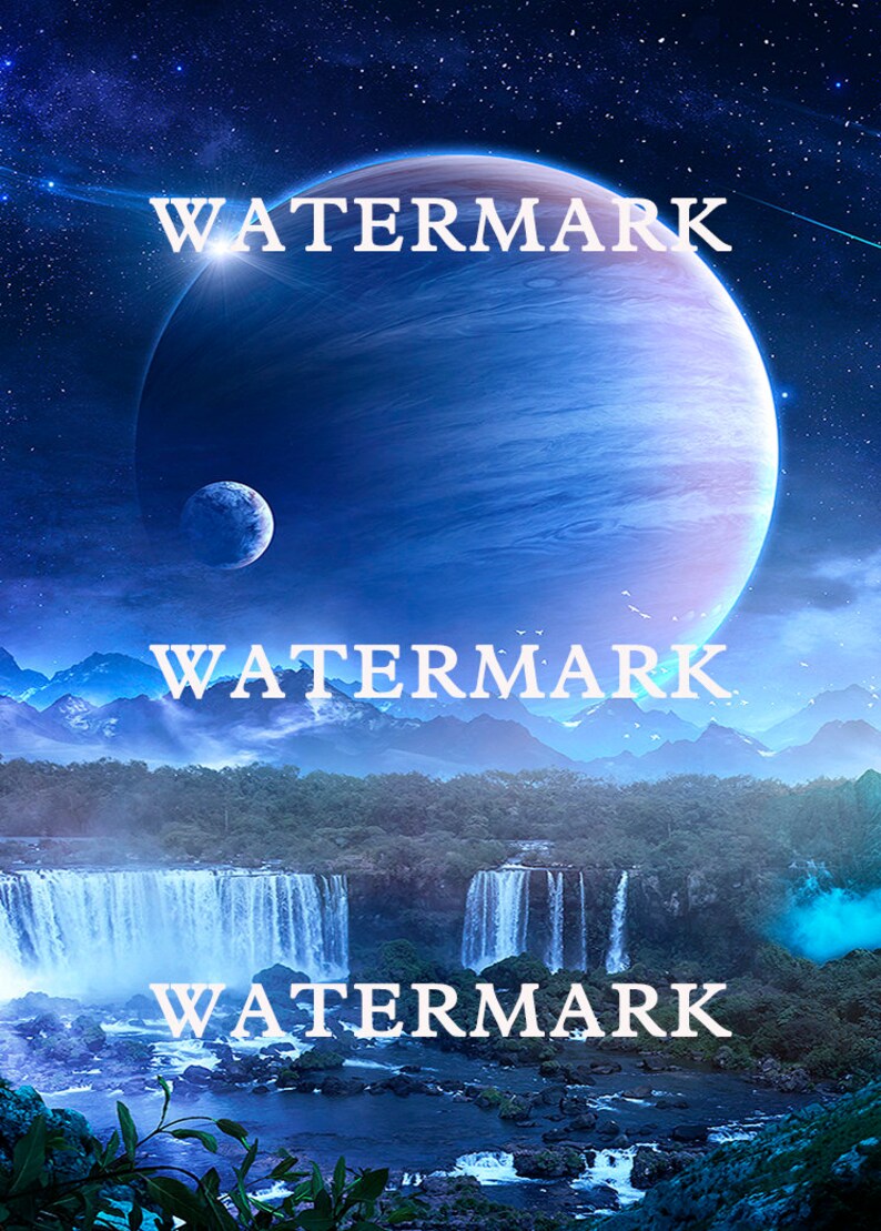 Peut inclure: Une image num&eacute;rique d'une plan&egrave;te bleue avec une petite lune au premier plan. La plan&egrave;te est dans un ciel bleu fonc&eacute; avec des &eacute;toiles. En dessous de la plan&egrave;te se trouve un paysage verdoyant luxuriant avec une cascade. Le texte "WATERMARK" appara&icirc;t trois fois dans l'image.
