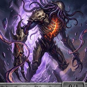 May include: Fantasy art of an Eldrazi Spawn creature with a skeletal head and tentacles. The creature has a glowing orange core and dark, armored limbs. The card reads "Token Creature - Eldrazi Spawn" and "0/1".