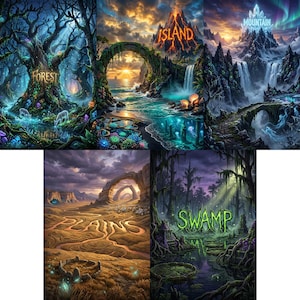 Puede incluir: Una impresión artística de paisaje de fantasía que presenta cuatro escenas distintas: un bosque, una isla con un volcán, una cordillera, una llanura y un pantano. Cada escena tiene un título en texto estilizado.