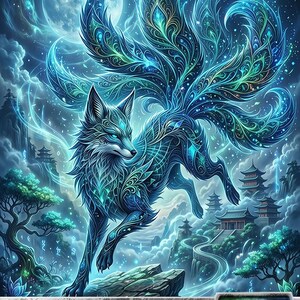 May include: Fantasy art card featuring a blue and teal nine-tailed fox, labeled "Fractal." The fox leaps across a rocky outcrop, with a background of a full moon, mountains, and pagodas. The card reads "Token Creature - Fractal" and "0/0."