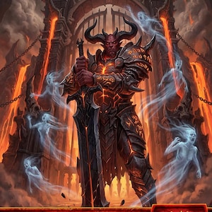 Puede incluir: Carta de arte fantástico que presenta un diablo de piel roja con cuernos, sosteniendo una gran espada. El diablo está vestido con una armadura oscura con detalles en naranja brillante. La carta está etiquetada como "Token Creature - Devil" con una fuerza/resistencia de 1/1.