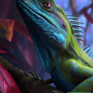 Può includere: Una lucertola verde e blu con una schiena spinosa, appollaiata su un ramo. La lucertola sta guardando in alto e ha un occhio rosso. Il testo "Token Creature - Lizard 2/2" è in basso nell'immagine.