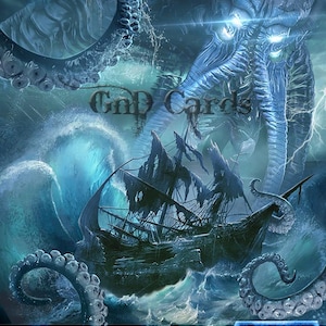 Könnte beinhalten: Eine blaue und weiße Fantasy-Kreaturenkarte mit dem Text "Scion of the Deep" und "Legendary Token Creature - Octopus" mit einer Illustration eines riesigen Kraken, der ein Schiff in einem stürmischen Meer angreift. Die Karte hat eine Stärke und Zähigkeit von 8/8.