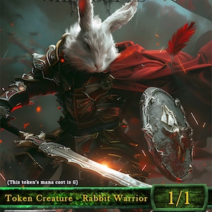 Pode incluir: Um cartão de jogo de fantasia que representa um guerreiro coelho branco com uma capa vermelha e uma espada. O texto do cartão diz "PAWPATCH RECRUIT" e "Criatura ficha - Guerreiro coelho". O cartão tem um fundo verde e uma força e resistência de 1/1.