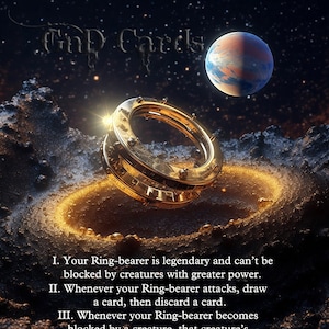 Op de afbeelding: Een gouden ring met een gloeiend spoor erachter, tegen een donkere ruimteachtergrond met een planeet in de verte. De tekst "The Ring" staat bovenaan de afbeelding. De tekst onder de ring beschrijft de regels van het spel, inclusief de term "Ring-bearer".