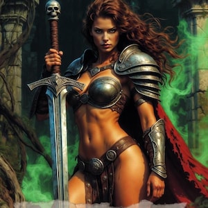 May include: A fantasy trading card titled EMBLEM featuring a warrior with long brown hair, wearing silver armor and a red cape, holding a sword with a skull pommel. The card text reads: Artifacts, creatures, enchantments, and lands you control are indestructible.