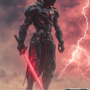 Puede incluir: Ilustración digital de "Mishra's Warform", un constructo futurista con una espada roja brillante. La figura es gris oscuro con detalles rojos, sobre un cielo tormentoso. La carta indica "Artifact Creature - Construct" y "4/4."