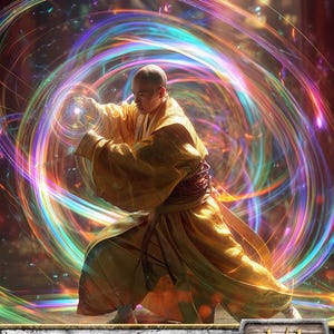 Może przedstawiać: Fantastyczna karta kolekcjonerska przedstawiająca mnicha w żółtej szacie, otoczonego wirującą tęczową aurą. Tekst karty brzmi "Mnich" i "Żeton stworzenia - Mnich" z siłą i wytrzymałością "1/1". Karta ma również zdolność "Prowess".