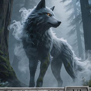Op de afbeelding: Een fantasiekaart met een spookachtige wolf met oranje ogen, getiteld "Spirit". De illustratie toont de wolf in een mistig bos. De kaart luidt "Token Creature - Spirit" met een kracht/weerstand van 1/1.