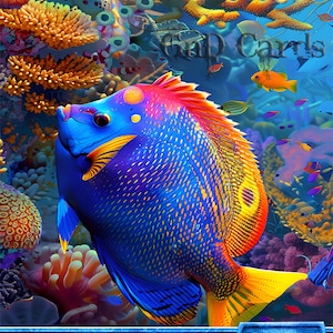 May include: A colorful fish token creature card with the text "FISH" and "Token Creature - Fish" in a blue banner. The card also has the number "1/1" in a blue banner.