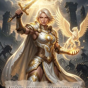 May include: A fantasy trading card titled EMBLEM featuring a warrior in white and gold armor holding a glowing sword. A winged creature hovers near their hand. The text reads: Artifacts, creatures, enchantments, and lands you control are indestructible.