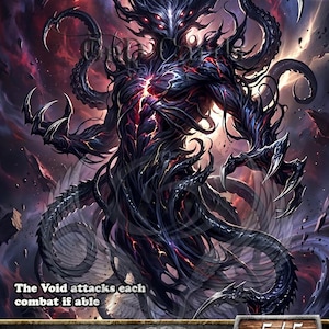 Pode incluir: Um cartão de fantasia com "The Void", uma criatura negra e monstruosa com detalhes vermelhos e múltiplos olhos. O texto do cartão indica que é uma Criatura Lendária, Vilão de Terror, com uma classificação de 5/5 e as habilidades Voar e Indestrutível.
