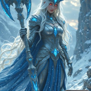 Op de afbeelding: Een fantasy-kreatuur token kaart met een vrouwelijke elemental met wit haar, blauwe hoorns en zilveren harnas. Ze houdt een blauwe en zilveren bijl vast. De kaarttekst luidt "Token Creature - Elemental 4/4".