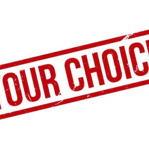 Peut inclure: Tampon rectangulaire rouge avec les mots "YOUR CHOICE" en lettres majuscules grasses. Le tampon a un aspect vieilli et usé, avec le texte et le bord en rouge foncé sur fond blanc.